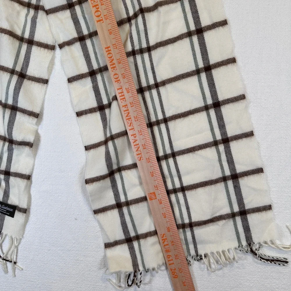 100% Cashmere Scarf Made in Scotland Plaid Cream Brown Grey Fringe Unisex